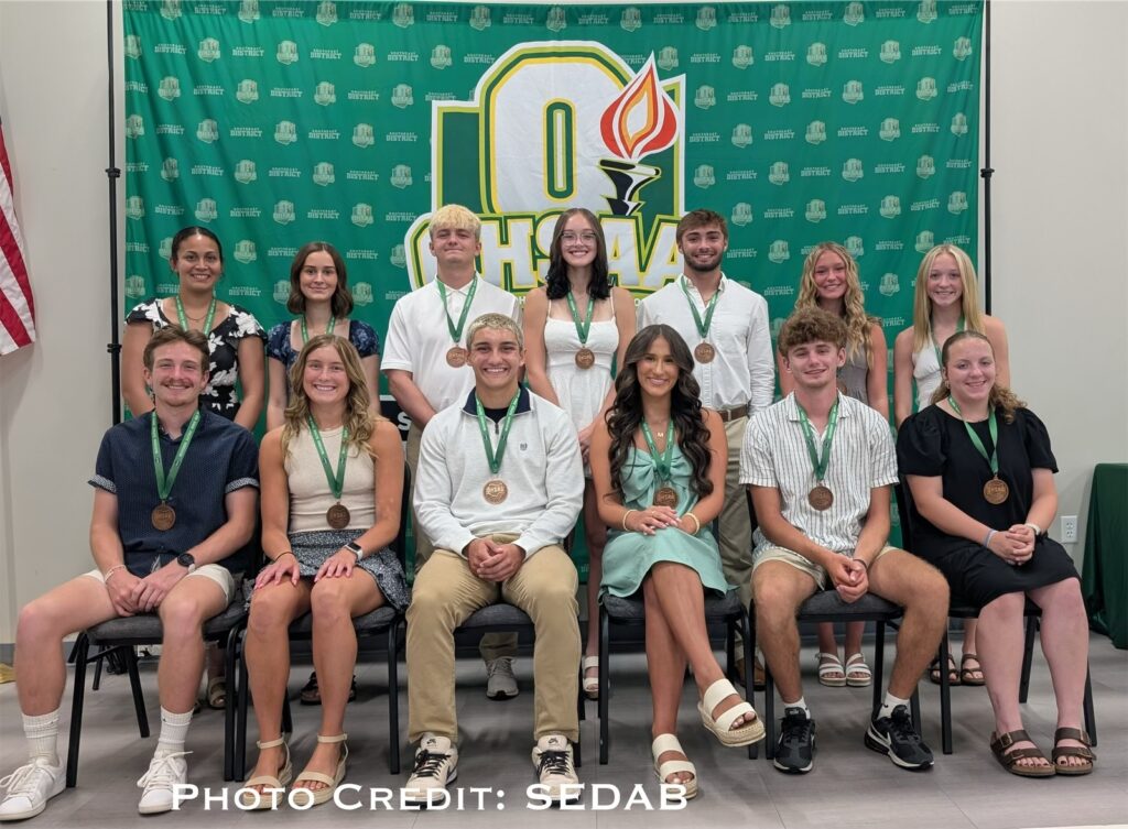 Front row: Walker Fowble (Oak Hill), Ava Heller (Sheridan), Ethan Hochstetler (Wheelersburg), Mia Vastine (Wheelersburg), Dylan Shupert (South Webster), Abbie Deeds (Dawson-Bryant)
Back row: Olivia Tabler (Federal Hocking), Addison Jackson (Federal Hocking), Jaekyn Ridout (Valley), Timberlyn Templeton (Southern), Tucker Williams (Jackson), Jacey McKnight (Marietta), Averey Cottrill (Fairfield Union)
Not pictured: Elijah Ford (Ironton), Carson Free (Paint Valley), Miller McKenzie (Wheelersburg), Maggie Risner (Minford), Jayce Rothwell (North Adams)