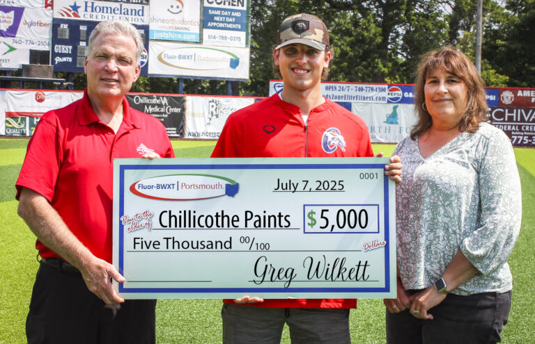 Fluor-BWXT has been a community outreach sponsor for the Paints for more than a decade. From left, Fluor-BWXT Community Commitment Chairperson Tim Poe, Chillicothe Paints Director of Game Day Operations Ryan Meyers, and Fluor-BWXT Community Relations Lead Deneen Garner.