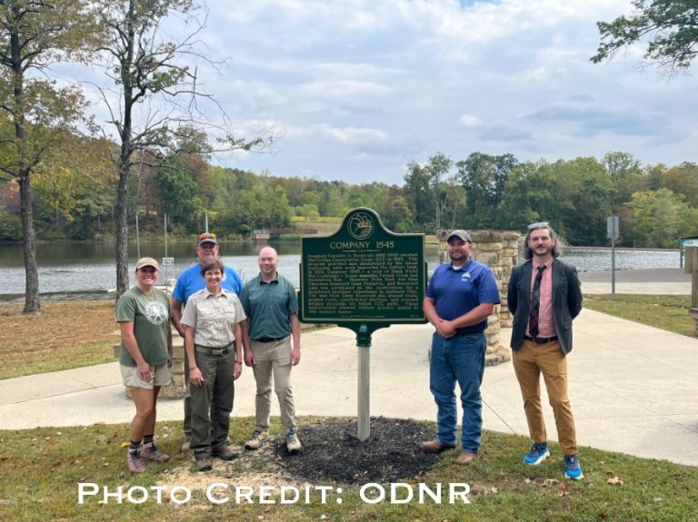 The ODNR historical marker for CCC at Shawnee State Park. 