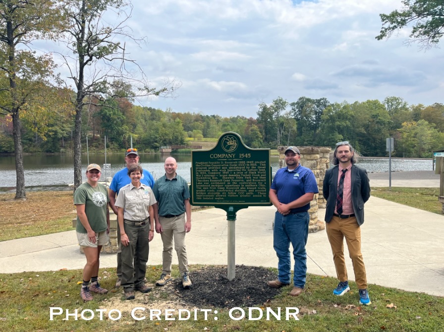 The ODNR historical marker for CCC at Shawnee State Park. 