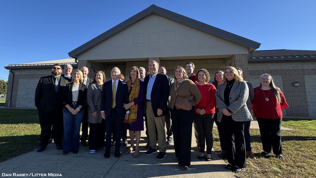 Local and state dignitaries pose in front of the new Piketon School-Based Health Clinic on the campus of Piketon Jr/Sr High.