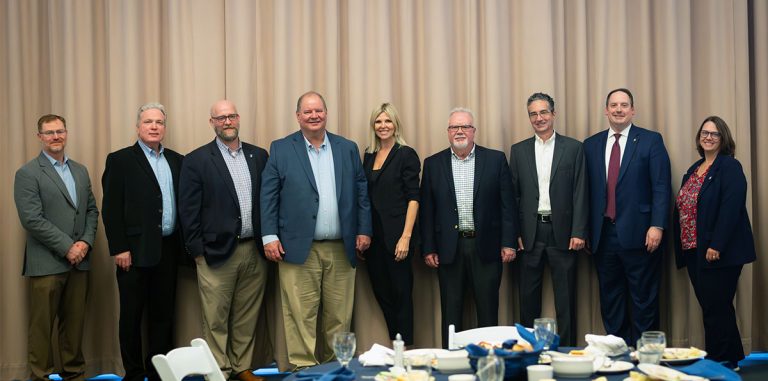 (L-R) Carlos Morris, Portsmouth Engineering Manager; Tim Poe, Manager X-340S Complex; Adam Miller, Interim Dean of the College of Business and Engineering Technology at SSU; Dutch Conrad, President and Program Manager MCSA; Kearney Canter, Communications Director for AtkinsRéalis US Nuclear; Pete Coutts, Portsmouth Plant Manager; Adam Goldberg, Engineering Director MCSA; Dr. Eric Andrew Braun, President of Shawnee State University; Dr. Kimberly Inman, Provost and Vice President for Academic and Student Affairs.
