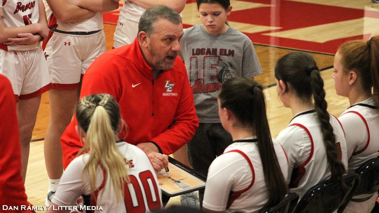 Logan Elm Girls Basketball Coach Mike Shultz during a time out with his Braves protecting a 16-point lead over Fairfield Union.