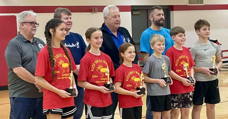 Elks Hoop Shoot District winners: Skye Martin (Chillicothe Elks), Ainsley Weaver (Chillicothe Elks), Gigi Trotter (Chillicothe Elks) and Griffin Goodyear (Circleville Elks), Ean Huffer (Chillicothe Elks) and Maverick Vogt (Nelsonville Elks). Photo submitted by Gayle Mahaffey