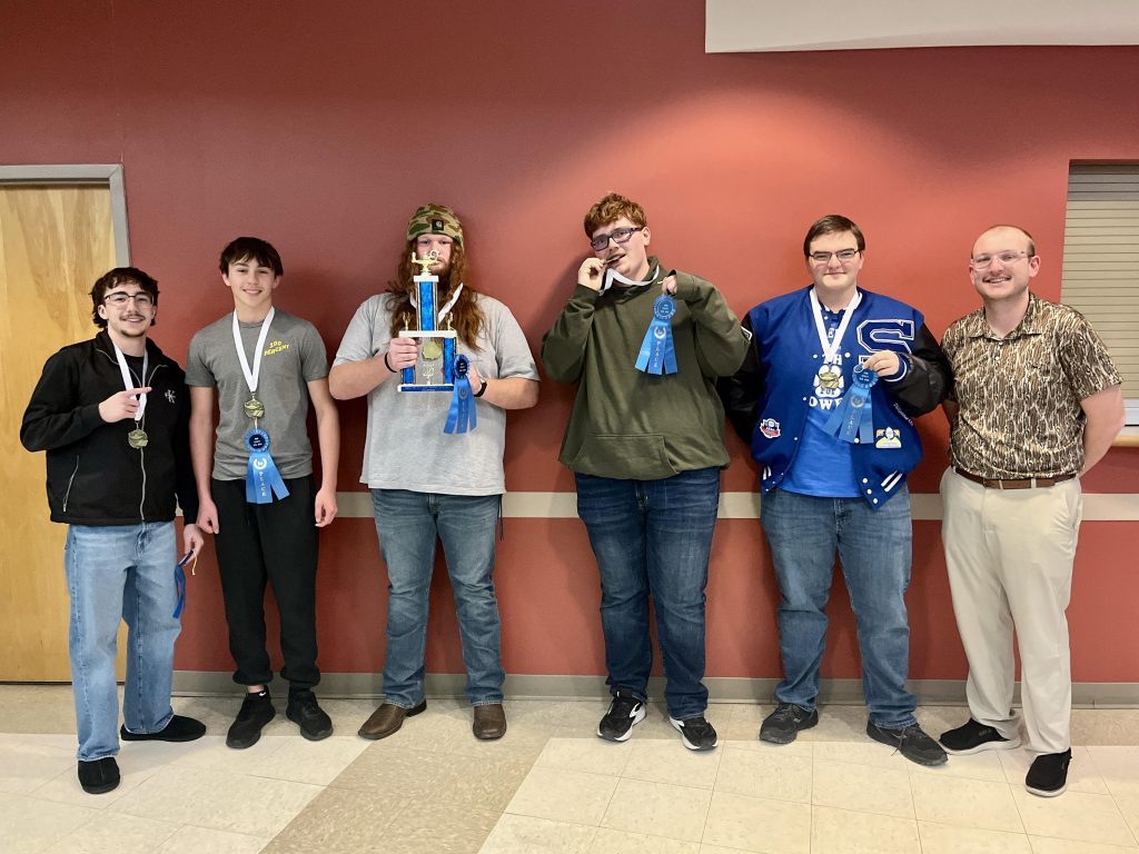Southeastern High School Quiz Bowl Team (From L to R): Carson Stepp, Isaac Blake, Weston Flowers, Jack Baxter, and Landon Smith