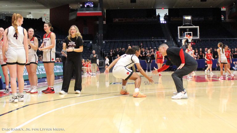 Circleville Girls Basketball Head Coach Josh Blakeman shares a moment with Juliana Sims-Ross during player introductions of the Tigers' 2026 D-IV State Semifinal.