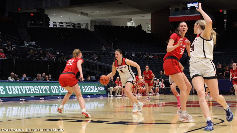 Circleville's Maddie Blakeman drives against Mazie Gracemyer in the second half of the Tigers' State Semifinal with Bellevue.