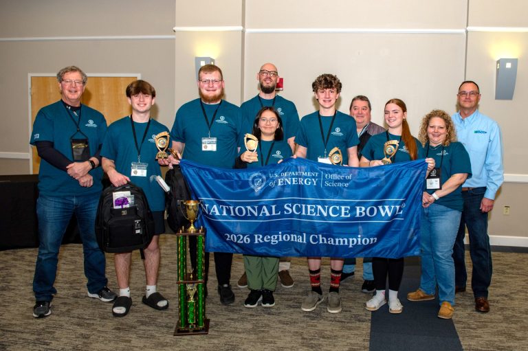 Front from left to right, Department of Energy Acting Portsmouth Site Lead Jud Lilly, Nathan Canter, Alex Smith, Abigail Gullett, Myles DeAtley, Reagan Rolfe, ETAS Public Affairs Specialist Melissa Green. Back row left to right, Valley Science Bowl Coach Justin Howard, Department of Energy Strategic Planner Greg Simonton and Southern Ohio Cleanup Company Site Program Manager Pat Timbes