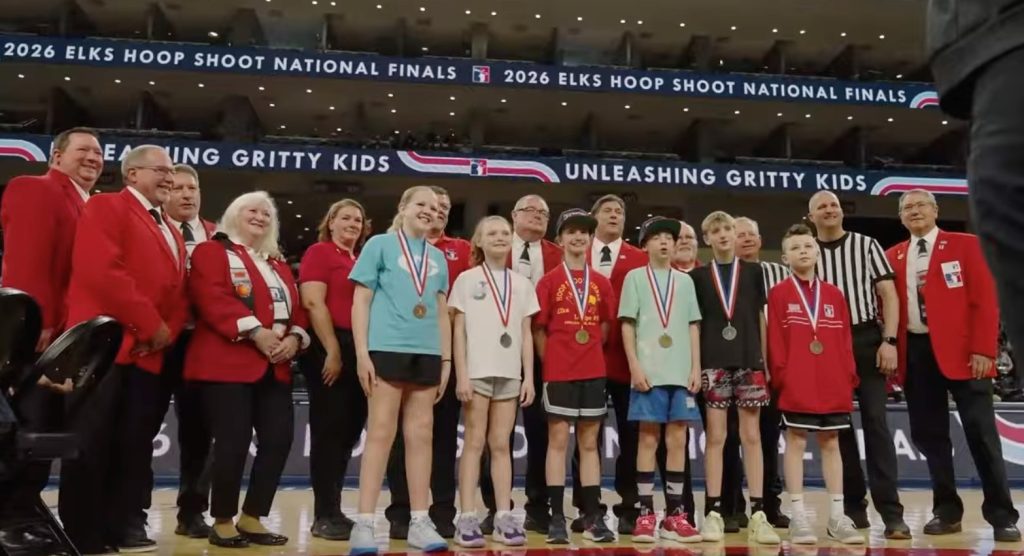 Bainbridge's Ainsley Weaver (middle) poses with the 2026 Elks Hoop Shoot 10-11 year-old top three finishers and representatives from the National Elks Hoop Shoot Tournament. Courtesy Elks Hoop Shoot YouTube Channel