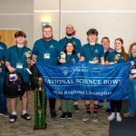 Front from left to right, Department of Energy Acting Portsmouth Site Lead Jud Lilly, Nathan Canter, Alex Smith, Abigail Gullett, Myles DeAtley, Reagan Rolfe, ETAS Public Affairs Specialist Melissa Green. Back row left to right, Valley Science Bowl Coach Justin Howard, Department of Energy Strategic Planner Greg Simonton and Southern Ohio Cleanup Company Site Program Manager Pat Timbes